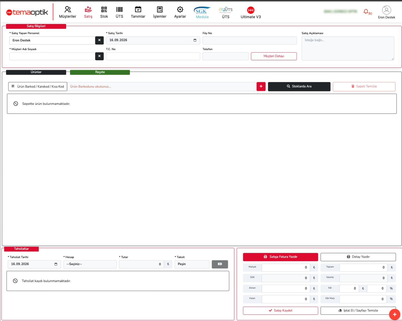 Tema Optik satış yönetimi ekranı