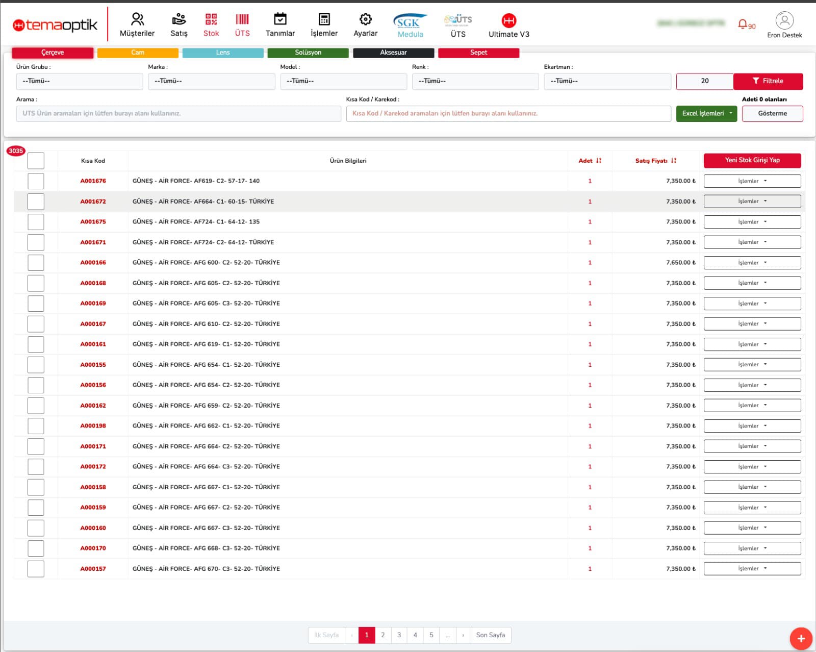 Tema Optik stok ve ürün takip ekranı
